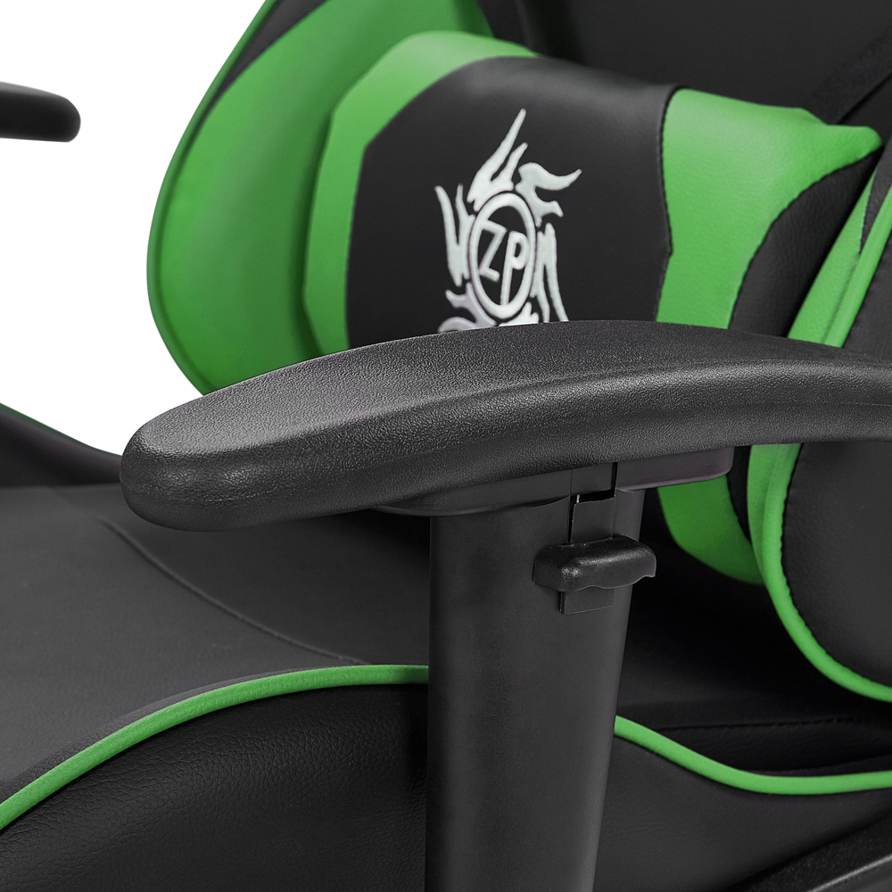 Sedia da gaming in ecopelle nera e verde con braccioli girevoli regolabili e poggiapiedi in altezza moderna