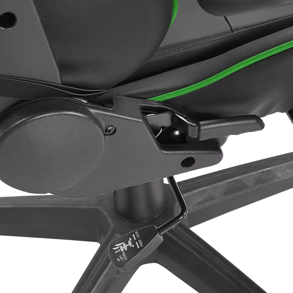 Sedia da gaming in ecopelle nera e verde con braccioli girevoli regolabili e poggiapiedi in altezza moderna