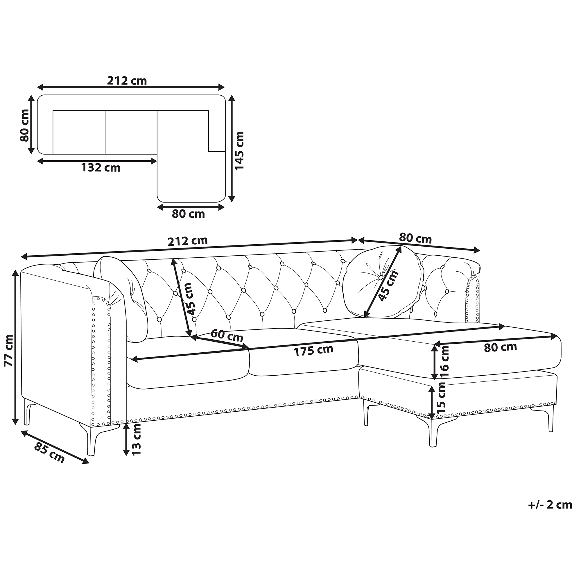 Divano ad angolo in velluto bordeaux imbottito a 3 posti a forma di L sinistra con cuscini aggiuntivi con trapuntatura e finiture a chiodo