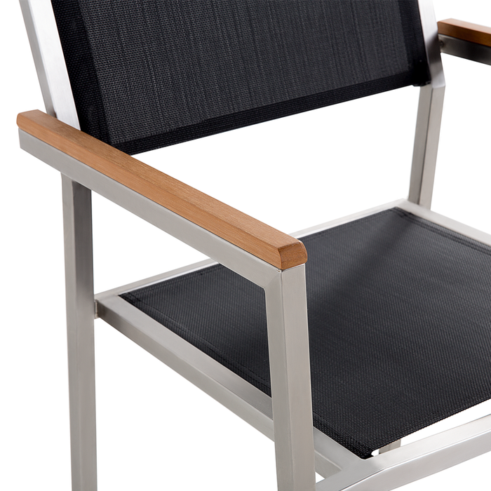 Set da pranzo da giardino con piano in legno di eucalipto chiaro e struttura in acciaio 180 x 90 cm con 6 sedie nere