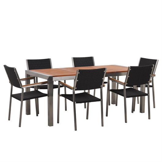 Set da pranzo da giardino con piano in legno di eucalipto chiaro e struttura in acciaio 180 x 90 cm con 6 sedie in rattan Nero