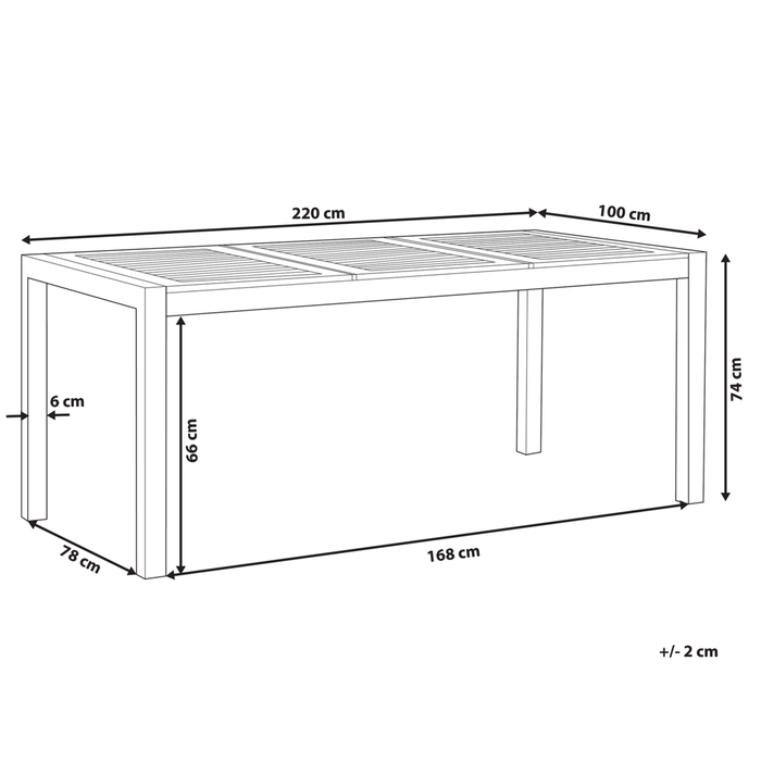 Lampada da tavolo da pranzo da giardino con piano in legno di eucalipto 220 x 100 cm con struttura in acciaio a 8 posti