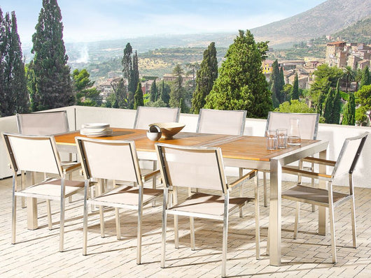 Set da pranzo da giardino con piano in legno di eucalipto chiaro e struttura in acciaio 220 x 100 cm con 8 sedie beige
