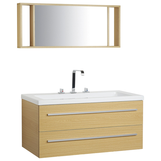 Mobiletto Lavabo colore Beige e Argento a 2 Cassetti con Specchio in stile Moderno contemporaneo