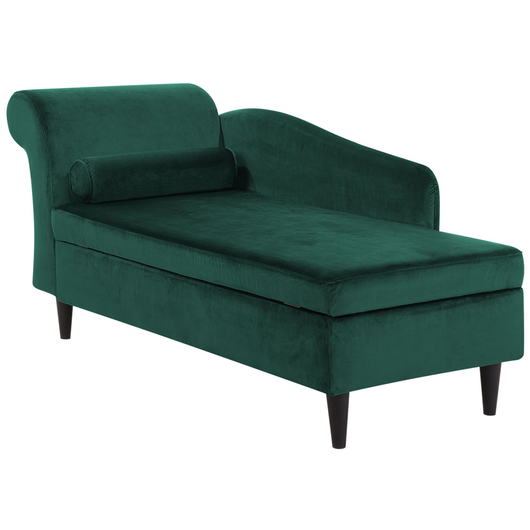 Chaise longue rivestimento in velluto verde con contenitore a versione sinistra con supporto