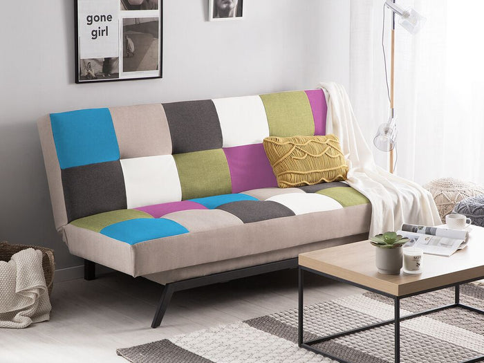 Divano Letto Rivestimento Tessuto Patchwork Multicolore 3 Posti Meccanismo Click Clack