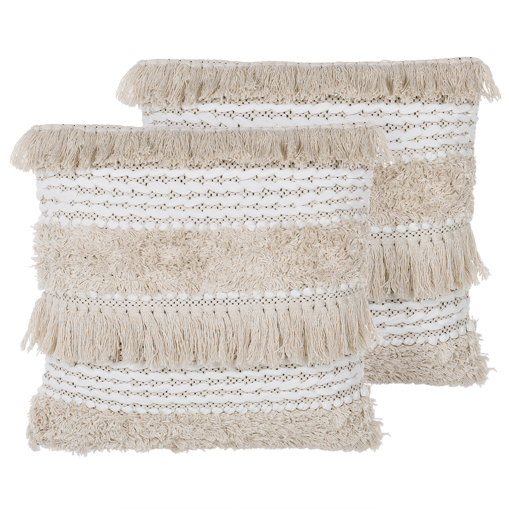 Set di 2 cuscini decorativi motivo a righe beige 45 x 45 cm con nappe Boho Retro Decor accessori