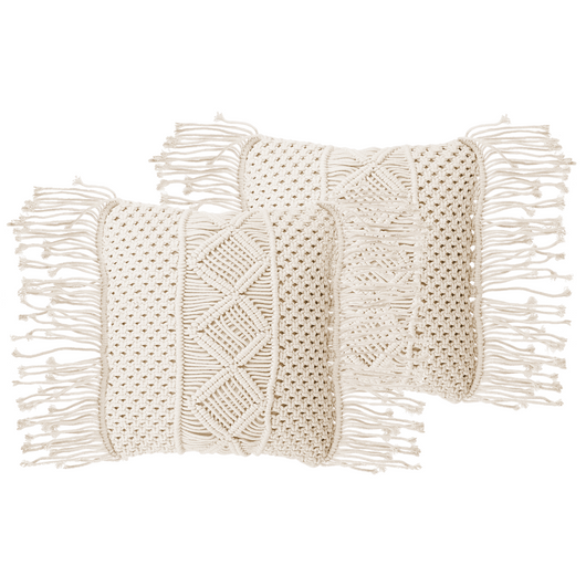 Set di 2 cuscini decorativi in macramè di cotone beige 40 x 45 cm con nappe in corda Boho Retro Decor accessori