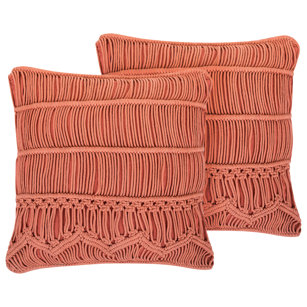 Set di 2 cuscini decorativi in cotone arancione macramè 45 x 45 cm corda Boho Retro Decor accessori