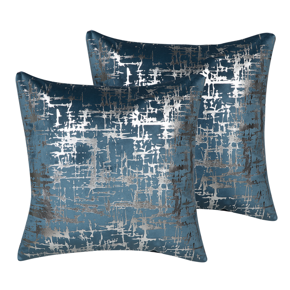 Set di 2 cuscini decorativi Velluto blu Argento effetto craquelé 45 x 45 cm Motivo stampa Accessori arredamento glamour