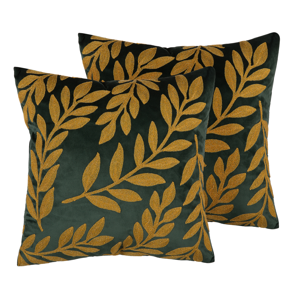 Set di 2 Cuscini Decorativi Velluto Verde Ricamato Motivo Foglia 45 x 45 cm Motivo Floreale Glamour Arredamento Retrò Accessori