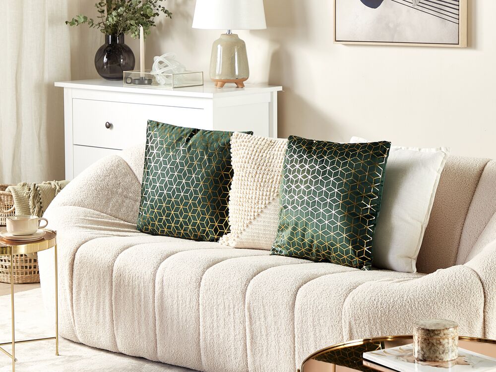 Set di 2 cuscini Decorativo Velluto Verde Motivo Cubo 45 x 45 cm Stampa Geometrica Lamina Moderno Glamour Decor Accessori