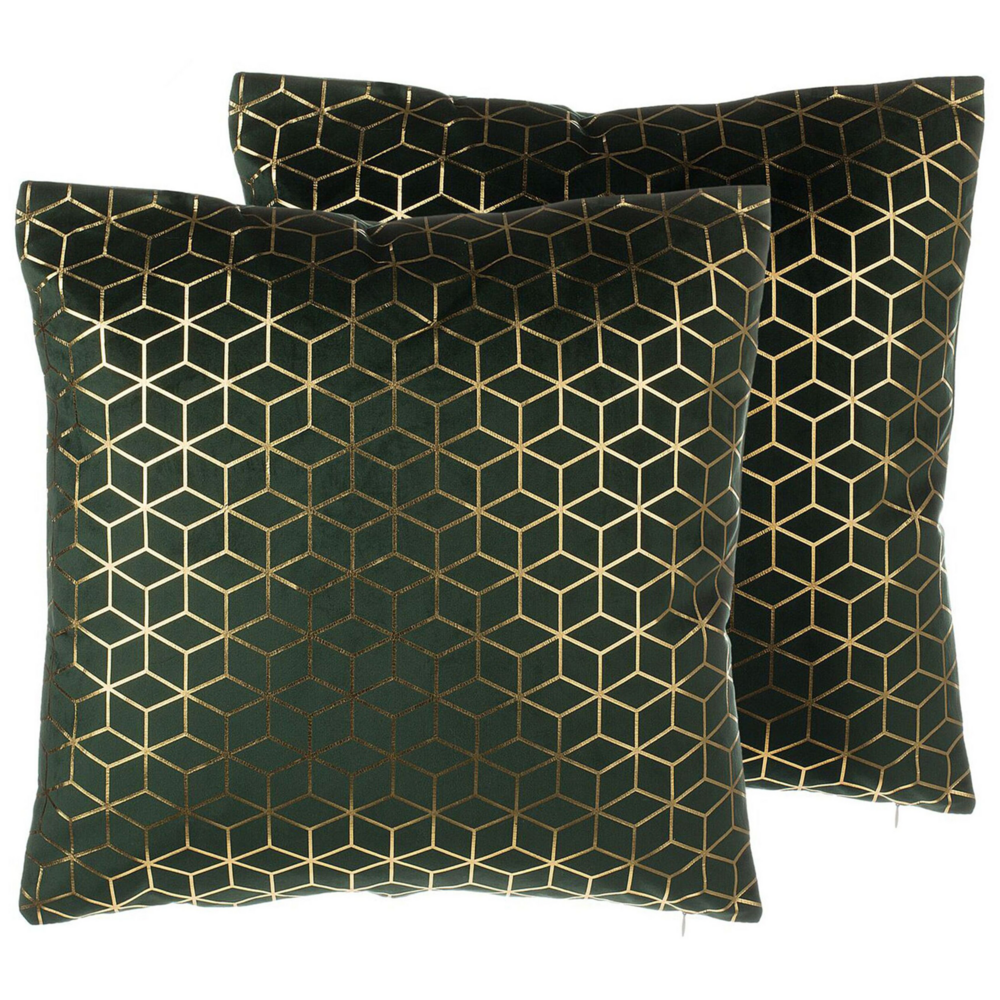 Set di 2 cuscini Decorativo Velluto Verde Motivo Cubo 45 x 45 cm Stampa Geometrica Lamina Moderno Glamour Decor Accessori