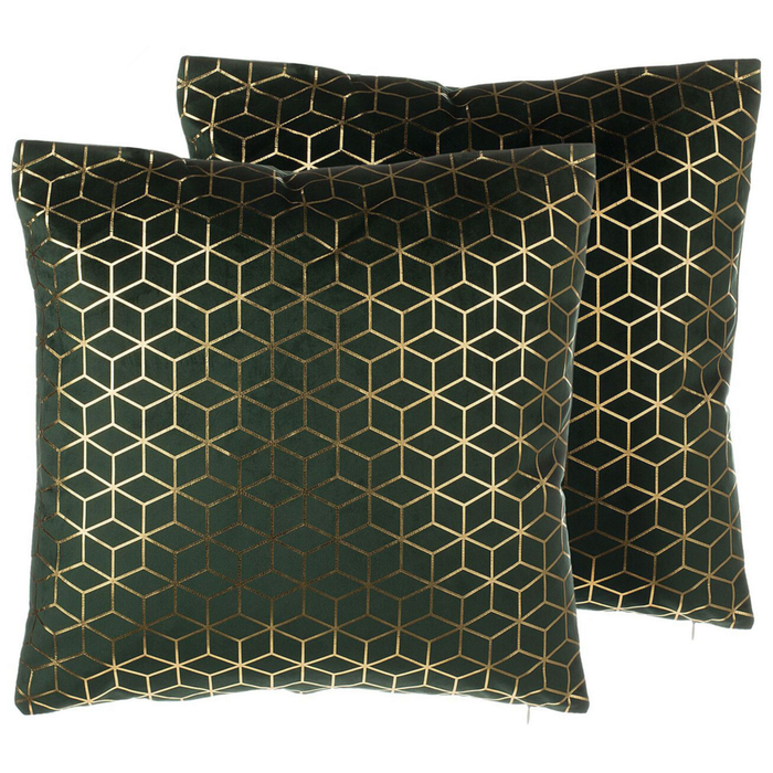Set di 2 cuscini Decorativo Velluto Verde Motivo Cubo 45 x 45 cm Stampa Geometrica Lamina Moderno Glamour Decor Accessori