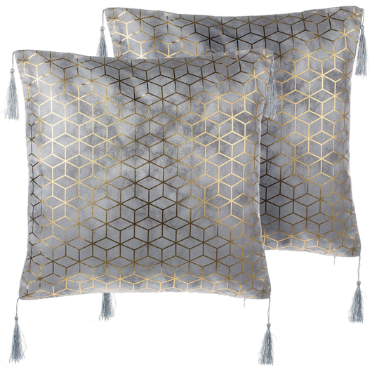 Set di 2 cuscini decorativi motivo cubo jacquard argento 45 x 45 cm con stampa geometrica nappe