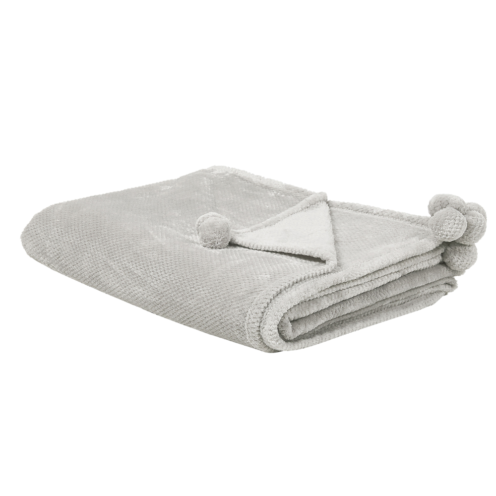 Coperta grigio chiaro copriletto 150 x 200 con pon pon morbido copriletto