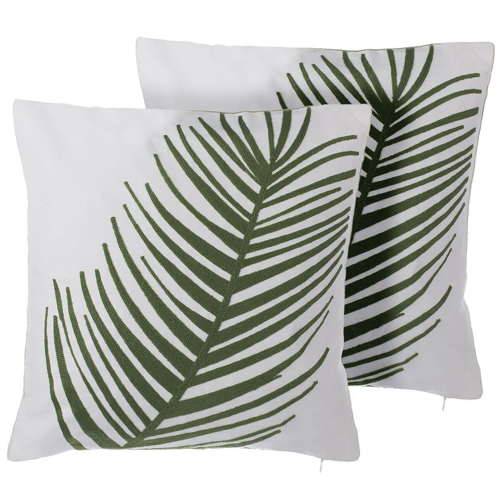Set di 2 cuscini decorativi bianchi con stampa di foglie di palma in cotone verde 45 x 45 cm motivo floreale arredamento retrò accessori