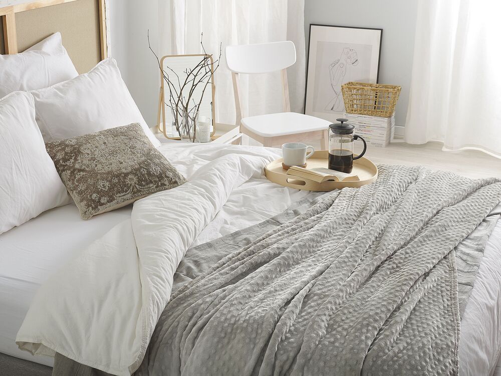 Coperta Grigio Chiaro Plaid 200 x 220 con nappe Texture Popcorn Morbido Copriletto