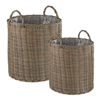 Set di 2 cesti per piante rotondi in rattan marrone con manici intarsio sintetico