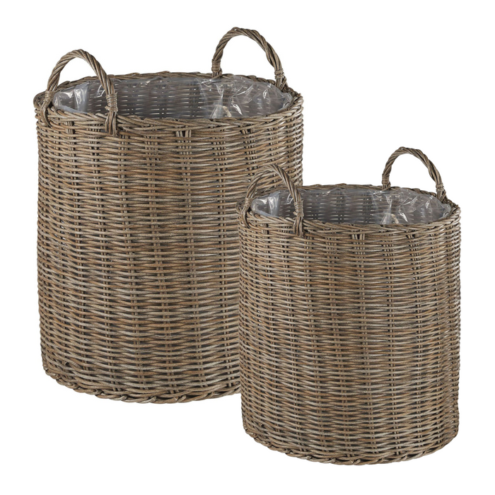Set di 2 cesti per piante rotondi in rattan marrone con manici intarsio sintetico