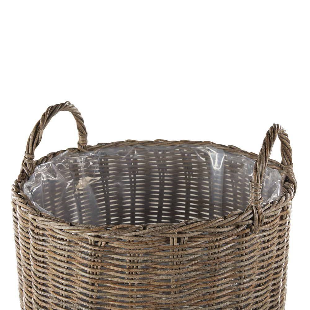 Set di 2 cesti per piante rotondi in rattan marrone con manici intarsio sintetico