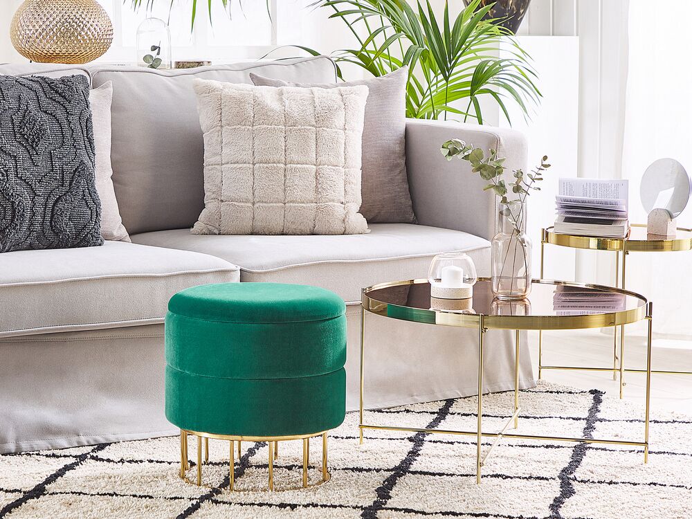 Pouf contenitore Rivestimento in velluto di poliestere verde scuro Base dorata Accessori per soggiorno dal design glamour