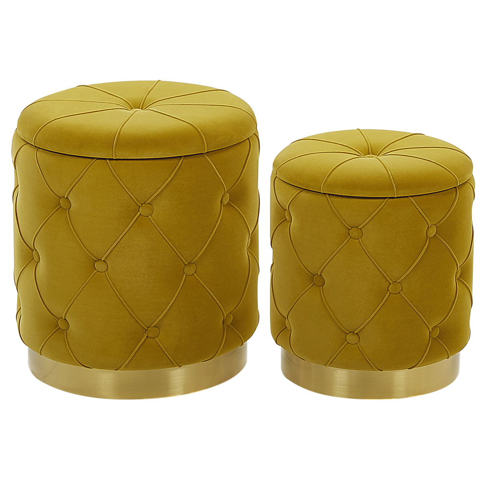Set di pouf portaoggetti in velluto di poliestere senape con bottoni imbottiti con base dorata design retrò