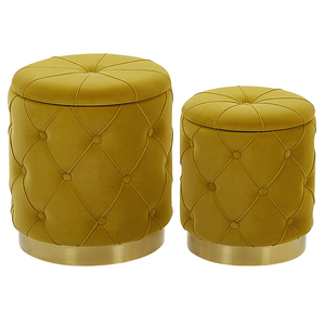 Set di pouf portaoggetti in velluto di poliestere senape con bottoni imbottiti con base dorata design retrò