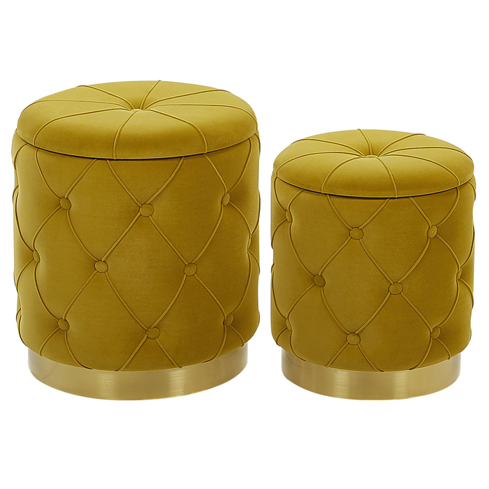 Set di pouf portaoggetti in velluto di poliestere senape con bottoni imbottiti con base dorata design retrò