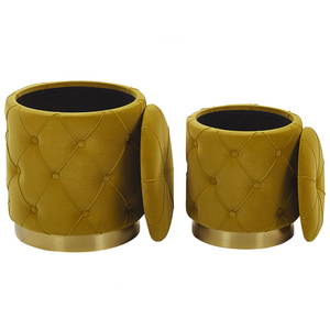 Set di pouf portaoggetti in velluto di poliestere senape con bottoni imbottiti con base dorata design retrò