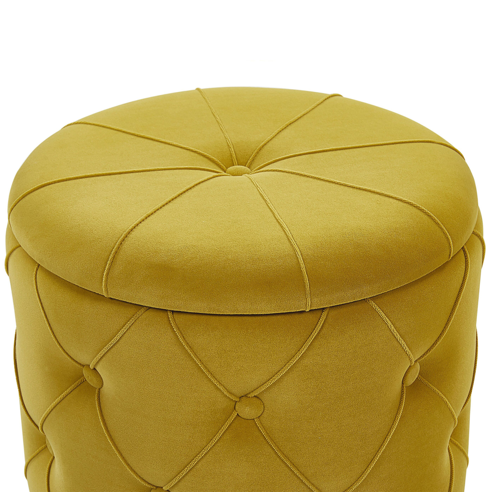 Set di pouf portaoggetti in velluto di poliestere senape con bottoni imbottiti con base dorata design retrò
