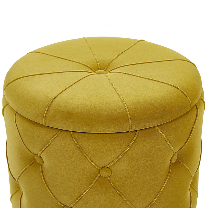 Set di pouf portaoggetti in velluto di poliestere senape con bottoni imbottiti con base dorata design retrò