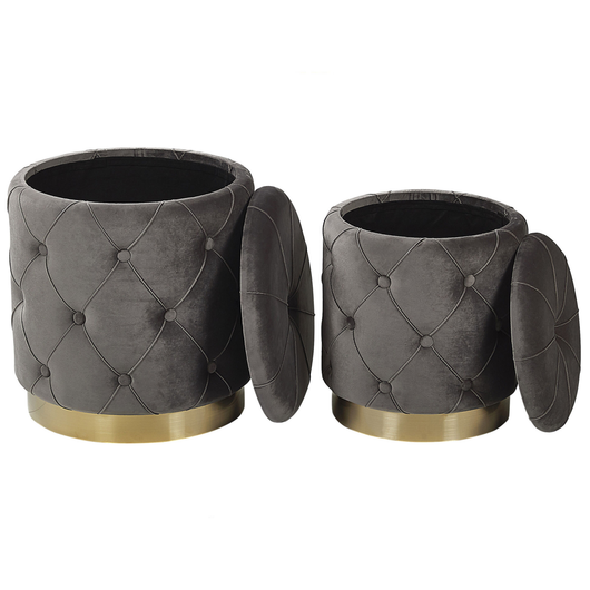 Set di pouf portaoggetti in velluto di poliestere grigio rivestimento capitonnè base dorata design retrò