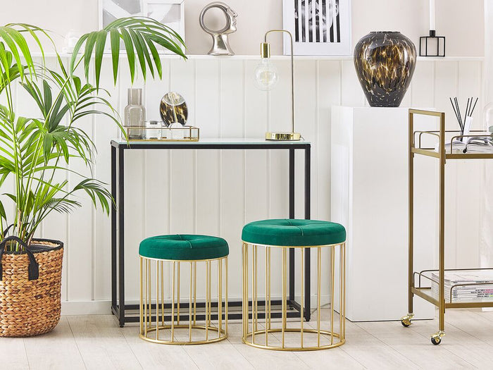 Set di 2 pouf ad incastro Seduta Verde Scuro Rivestimento in Velluto Base in Ferro Dorato Design Moderno