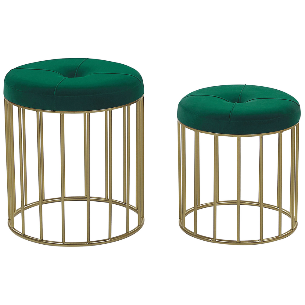 Set di 2 pouf ad incastro Seduta Verde Scuro Rivestimento in Velluto Base in Ferro Dorato Design Moderno