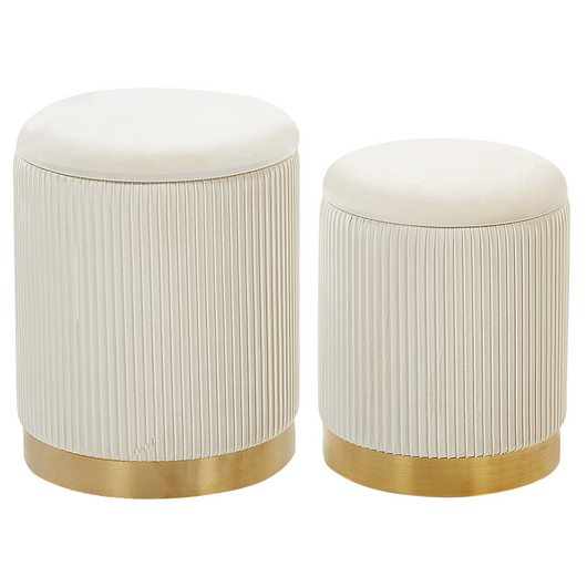 Set di 2 pouf contenitore rivestimento in velluto di poliestere bianco base dorata design moderno ciuffo orizzontale soggiorno o