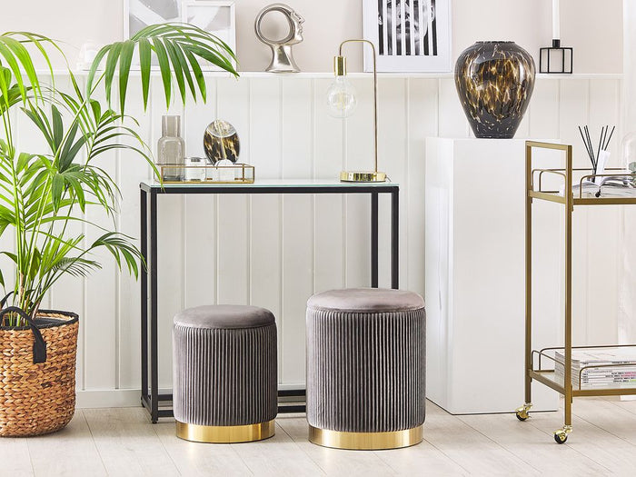 Set di 2 pouf contenitore Rivestimento in velluto di poliestere grigio Base dorata Design moderno Ciuffo orizzontale Soggiorno pezzo