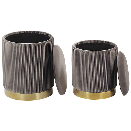 Set di 2 pouf contenitore Rivestimento in velluto di poliestere grigio Base dorata Design moderno Ciuffo orizzontale Soggiorno pezzo