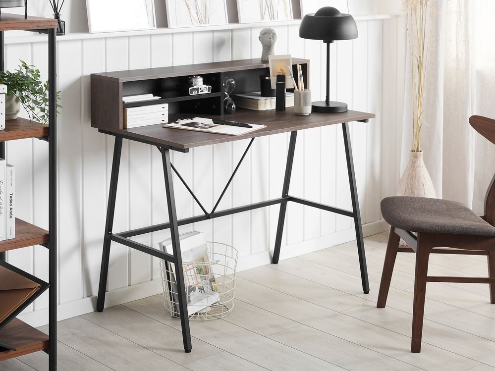 Scrivania Home Office Top in legno scuro 100 x 50 cm Struttura in metallo Nero con ripiani