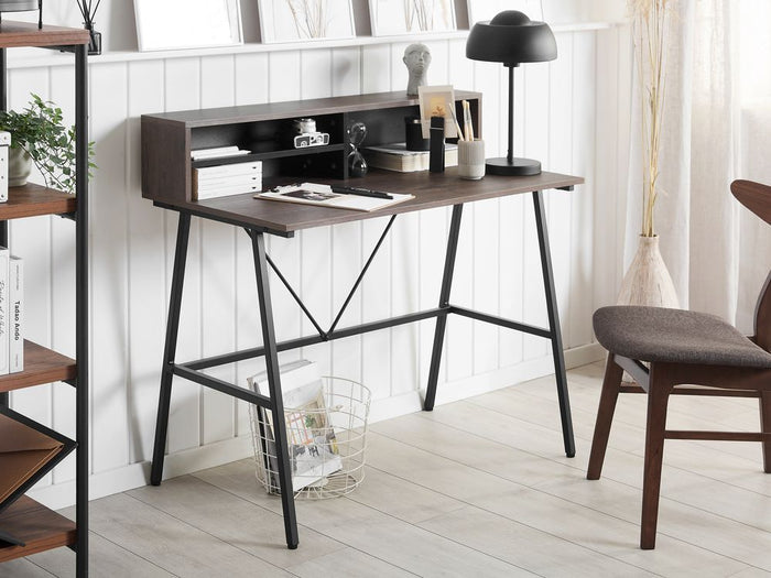 Scrivania Home Office Top in legno scuro 100 x 50 cm Struttura in metallo Nero con ripiani