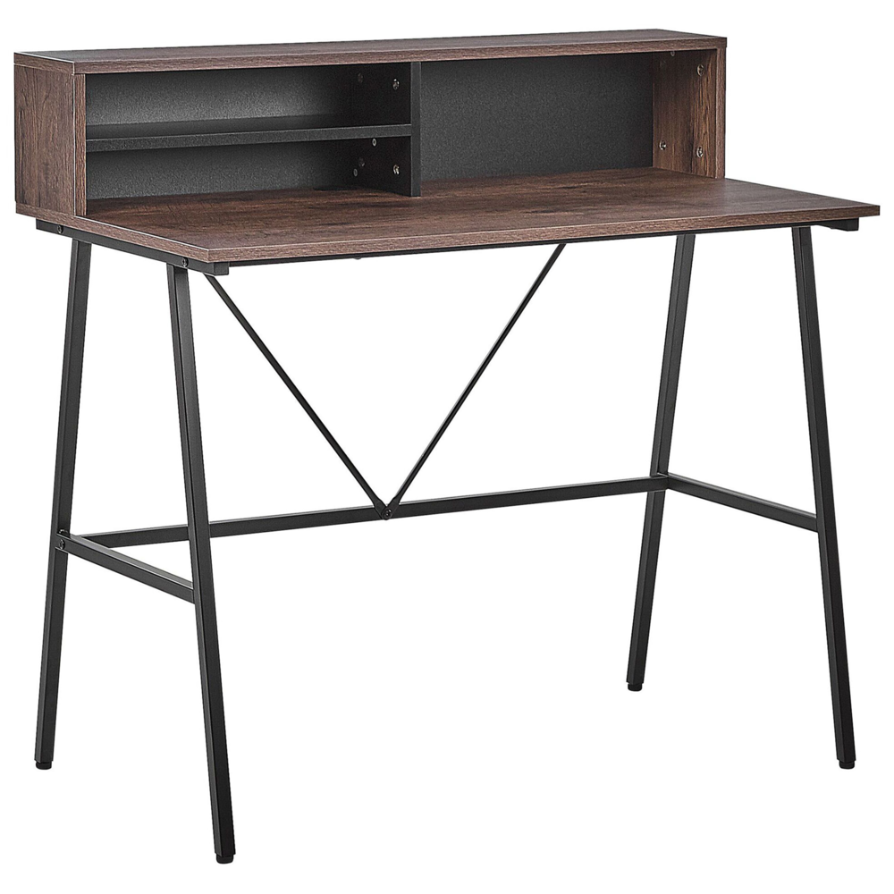 Scrivania Home Office Top in legno scuro 100 x 50 cm Struttura in metallo Nero con ripiani