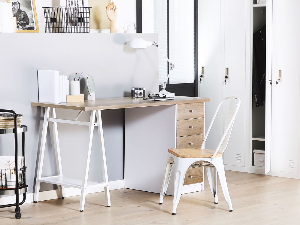 Scrivania per computer Home Office Piano in legno chiaro 140 x 60 cm con cassetti Cornice bianca