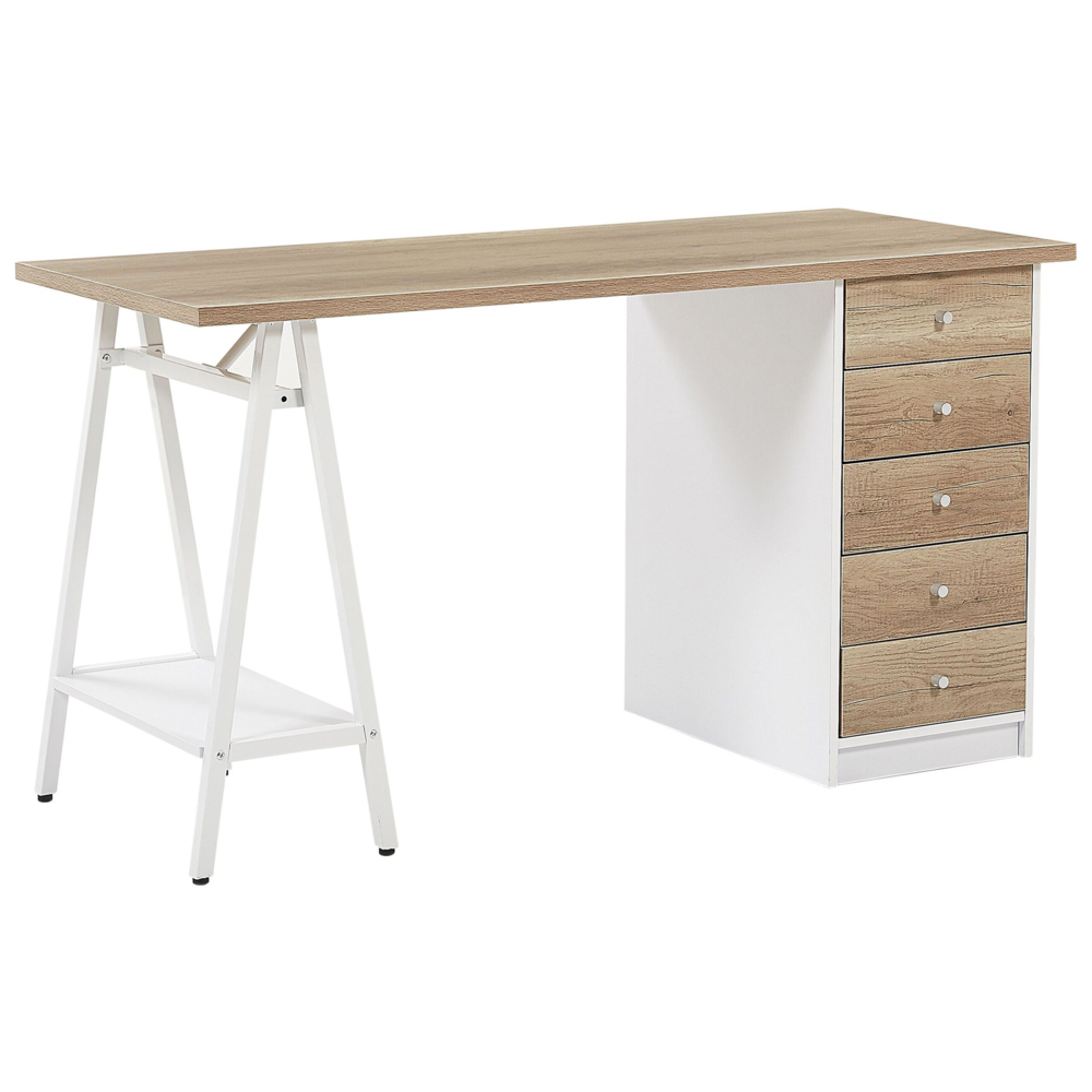Scrivania per computer Home Office Piano in legno chiaro 140 x 60 cm con cassetti Cornice bianca