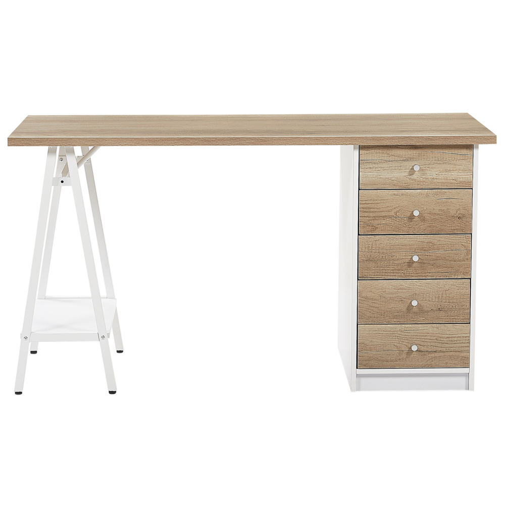 Scrivania per computer Home Office Piano in legno chiaro 140 x 60 cm con cassetti Cornice bianca