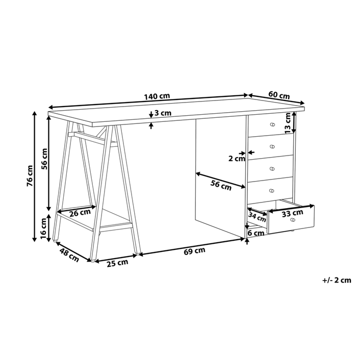 Scrivania per computer Home Office Piano in legno chiaro 140 x 60 cm con cassetti Cornice bianca