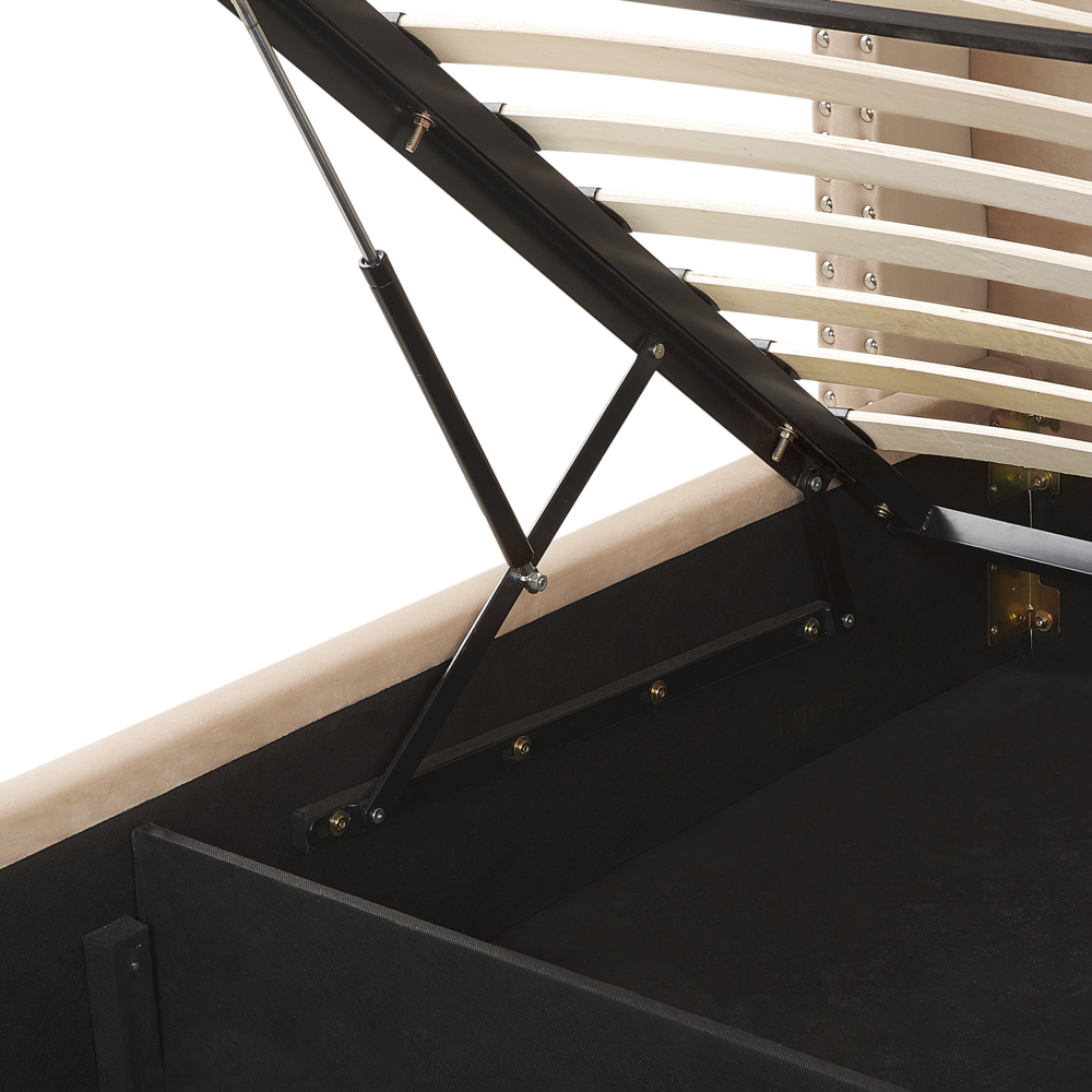 Letto con contenitore in velluto beige imbottito con testiera alta 18 m Super King Size