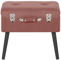 Comodino Sgabello Contenitore rosa imbottito in velluto a coste con gambe nere a forma di valigia con bottoni