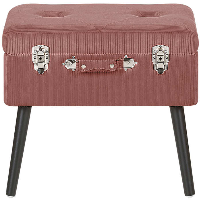 Comodino Sgabello Contenitore rosa imbottito in velluto a coste con gambe nere a forma di valigia con bottoni