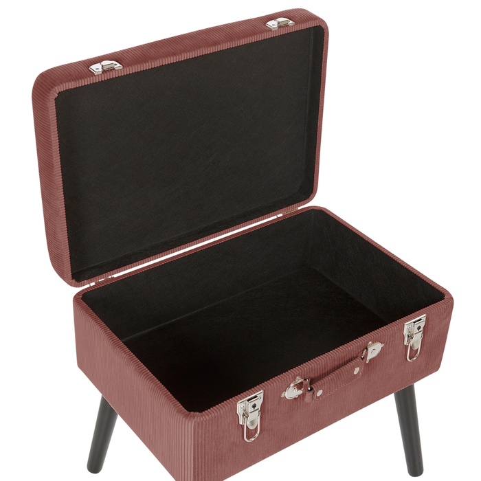 Comodino Sgabello Contenitore rosa imbottito in velluto a coste con gambe nere a forma di valigia con bottoni