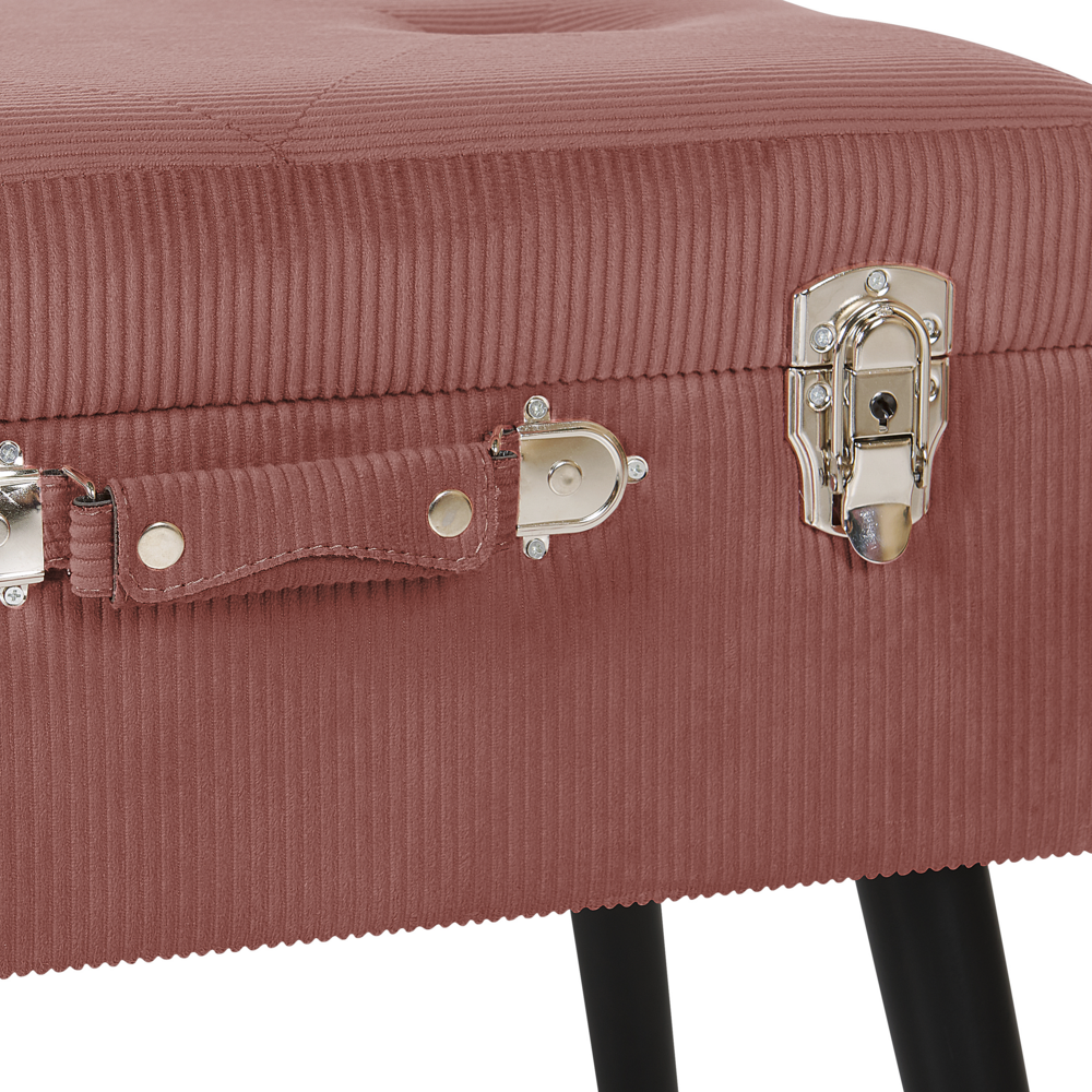 Comodino Sgabello Contenitore rosa imbottito in velluto a coste con gambe nere a forma di valigia con bottoni